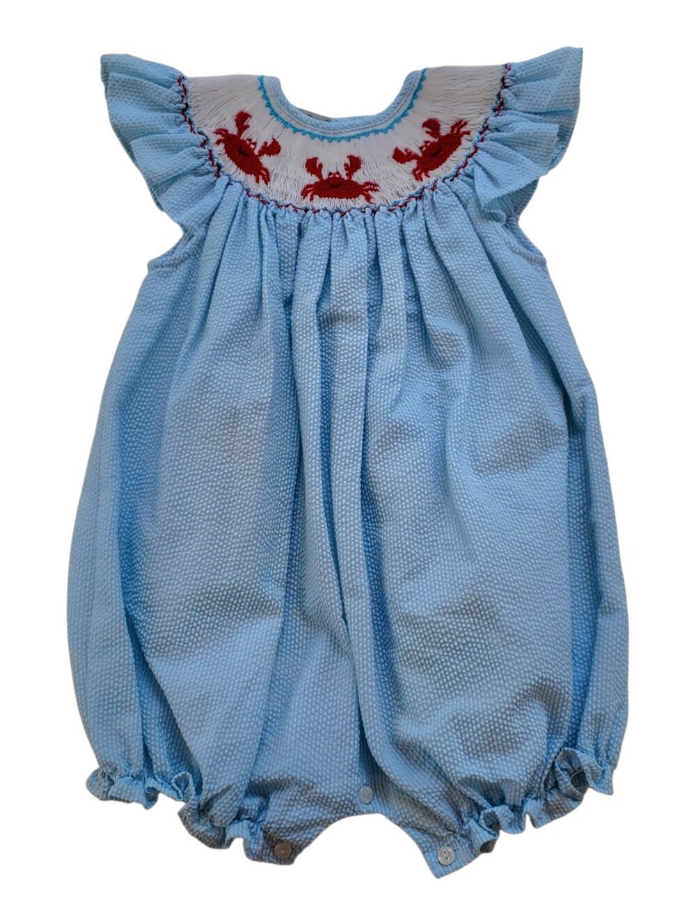 Classy Couture Smocked Crab Blue Seersucker Bubble Romper 24M